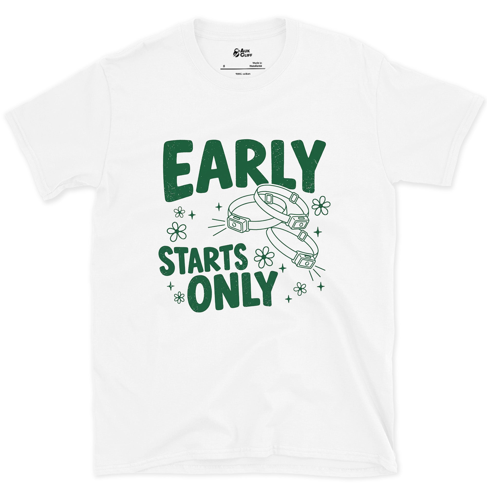Early Starts Only, Compass Needle design on a White Gildan Softstyle t-shirt
