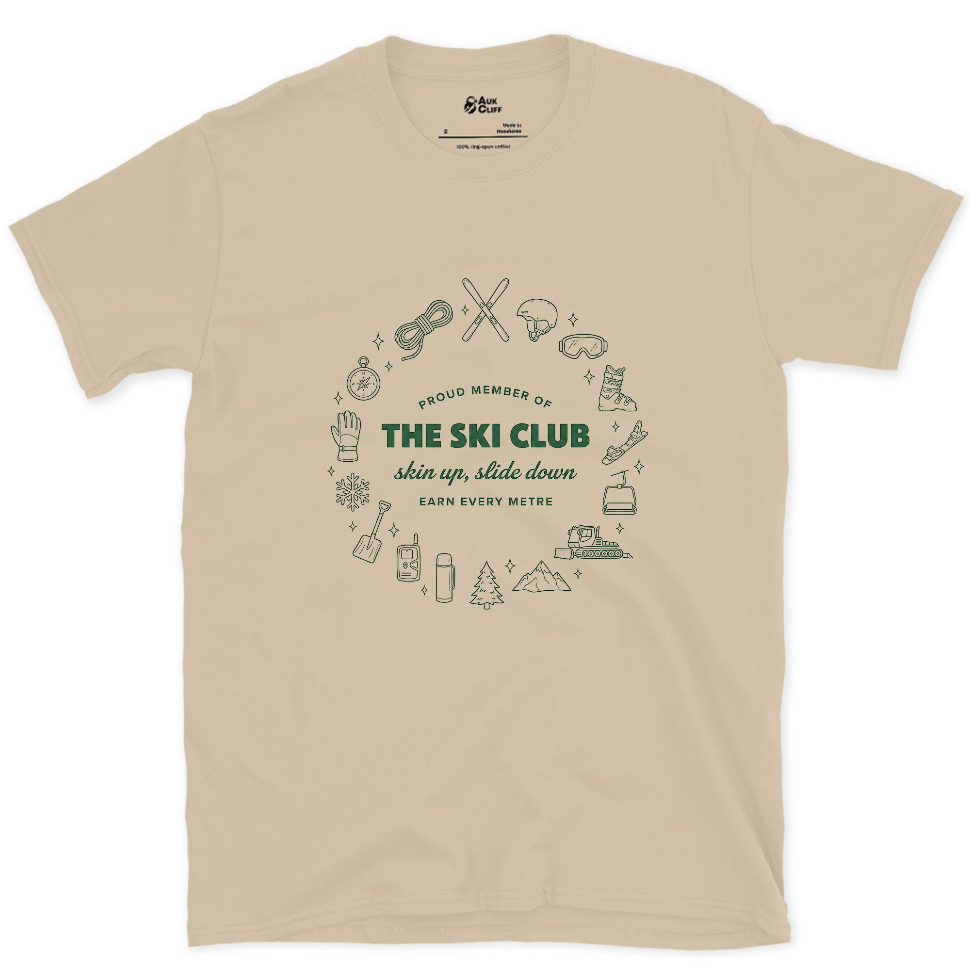 Proud Member of the Ski Club design on a Sand Gildan Softstyle t-shirt