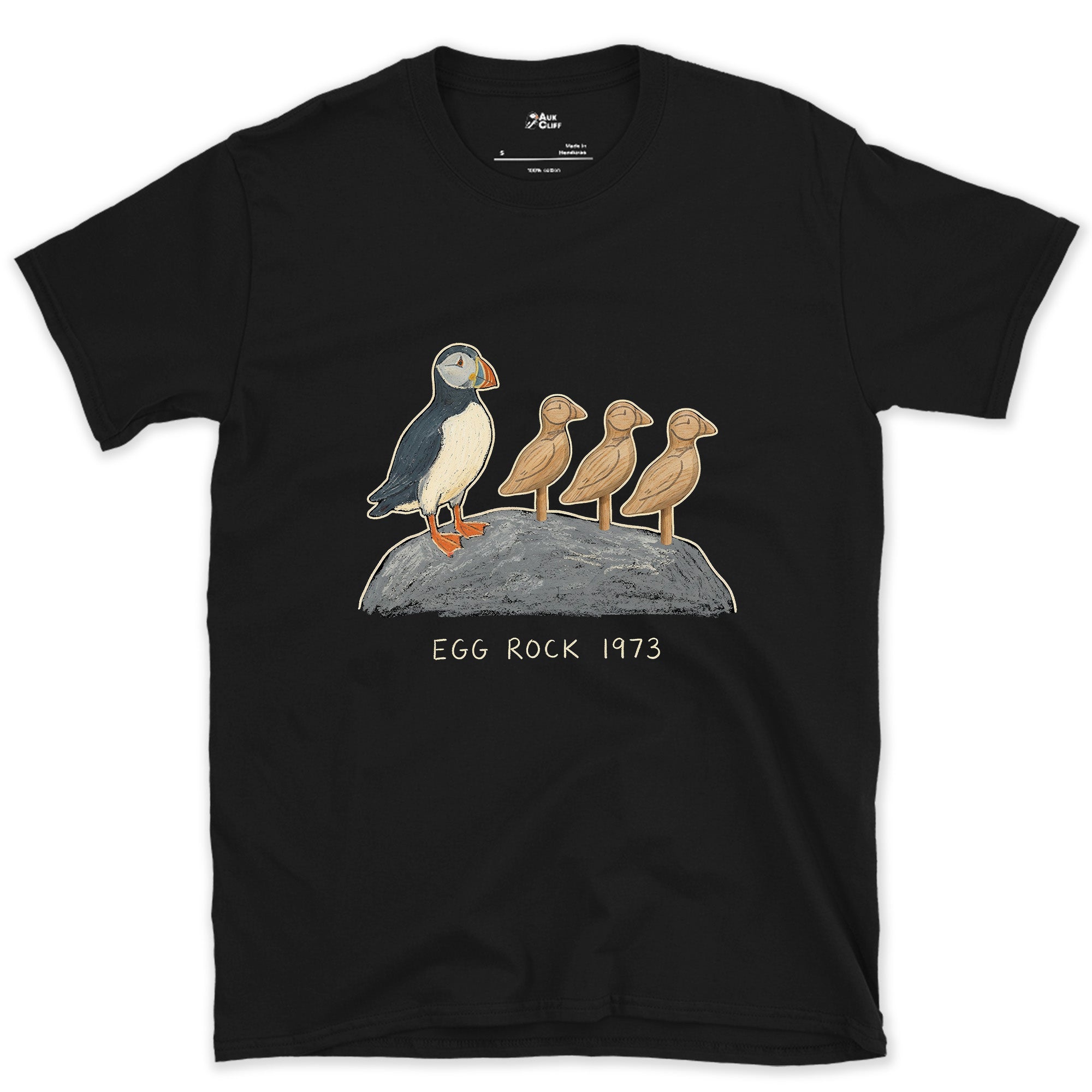 Egg Rock 1973, Puffin Chicks on the Rock design on a Black Gildan Softstyle t-shirt