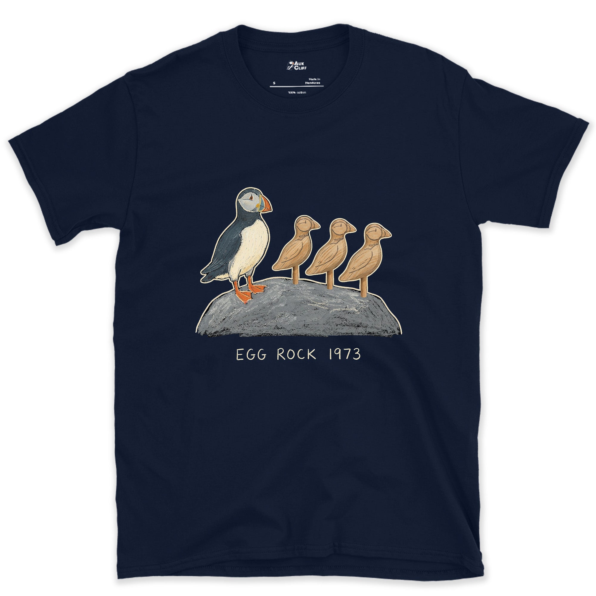 Egg Rock 1973, Puffin Chicks on the Rock design on a Navy Gildan Softstyle t-shirt