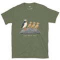 Egg Rock 1973, Puffin Chicks on the Rock design on a Military Green Gildan Softstyle t-shirt