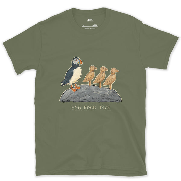 Egg Rock 1973, Puffin Chicks on the Rock design on a Military Green Gildan Softstyle t-shirt