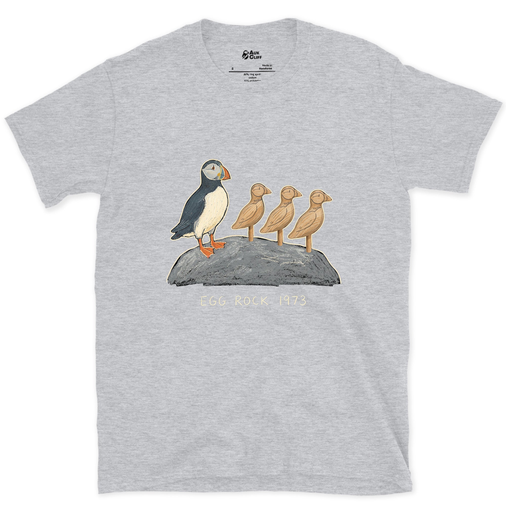 Egg Rock 1973, Puffin Chicks on the Rock design on a Sport Grey Gildan Softstyle t-shirt