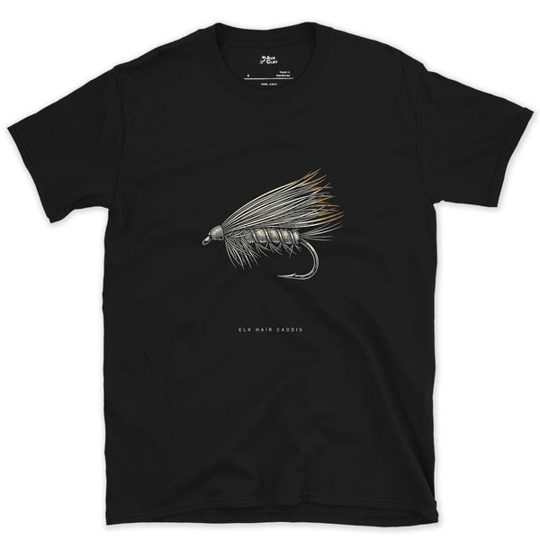 Keeps It Floating, Elk Hair Caddis design on a Black Gildan Softstyle t-shirt
