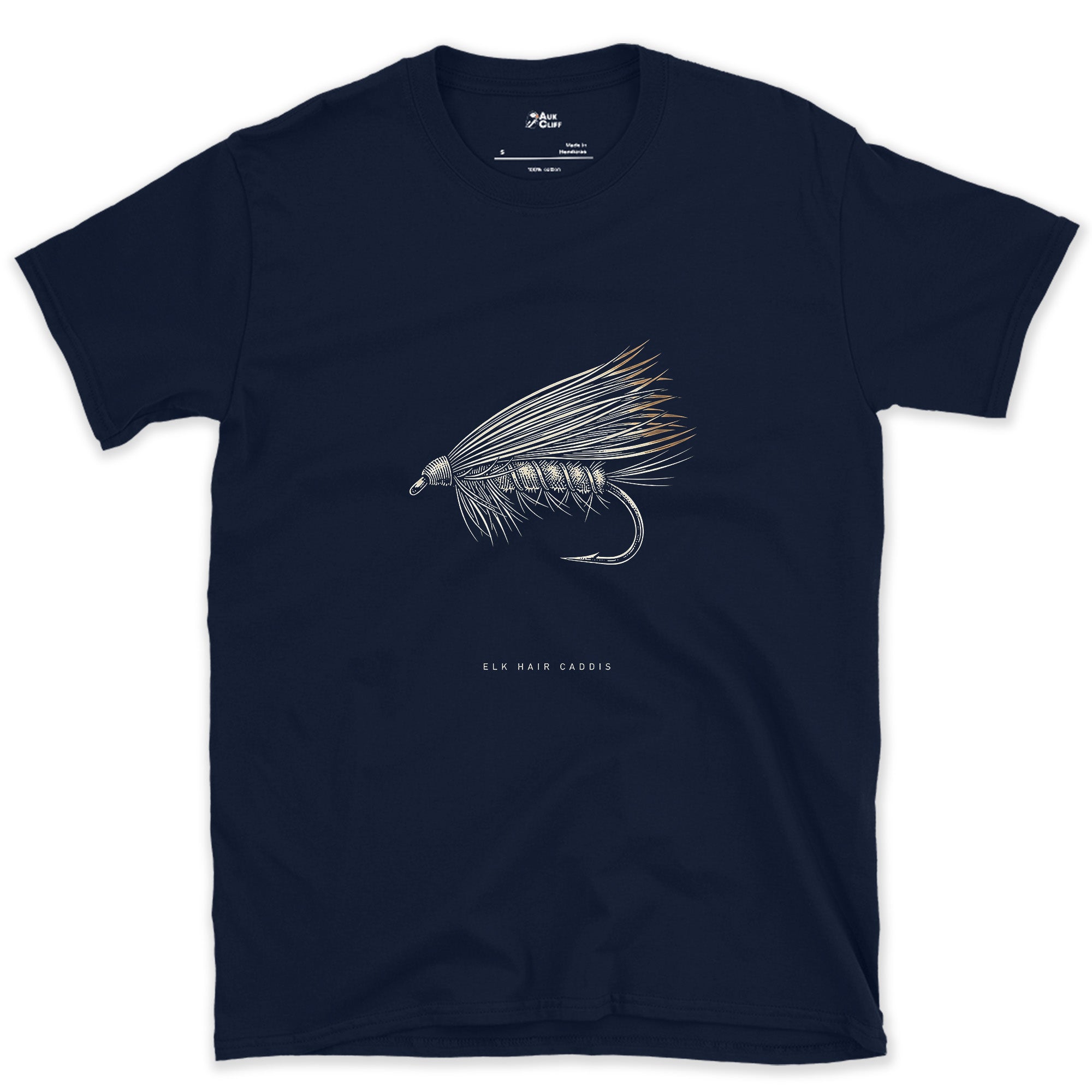Keeps It Floating, Elk Hair Caddis design on a Navy Gildan Softstyle t-shirt