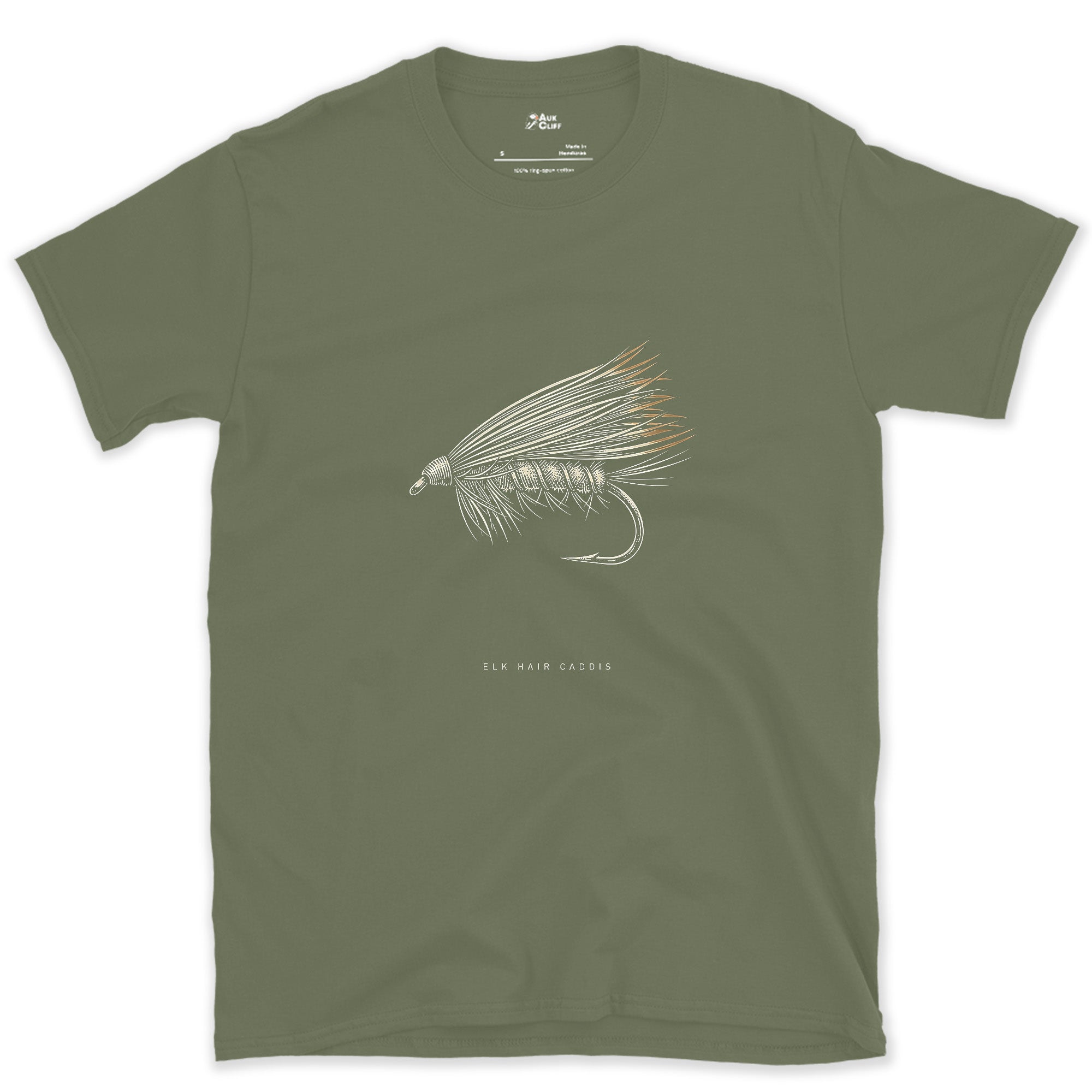 Keeps It Floating, Elk Hair Caddis design on a Military Green Gildan Softstyle t-shirt
