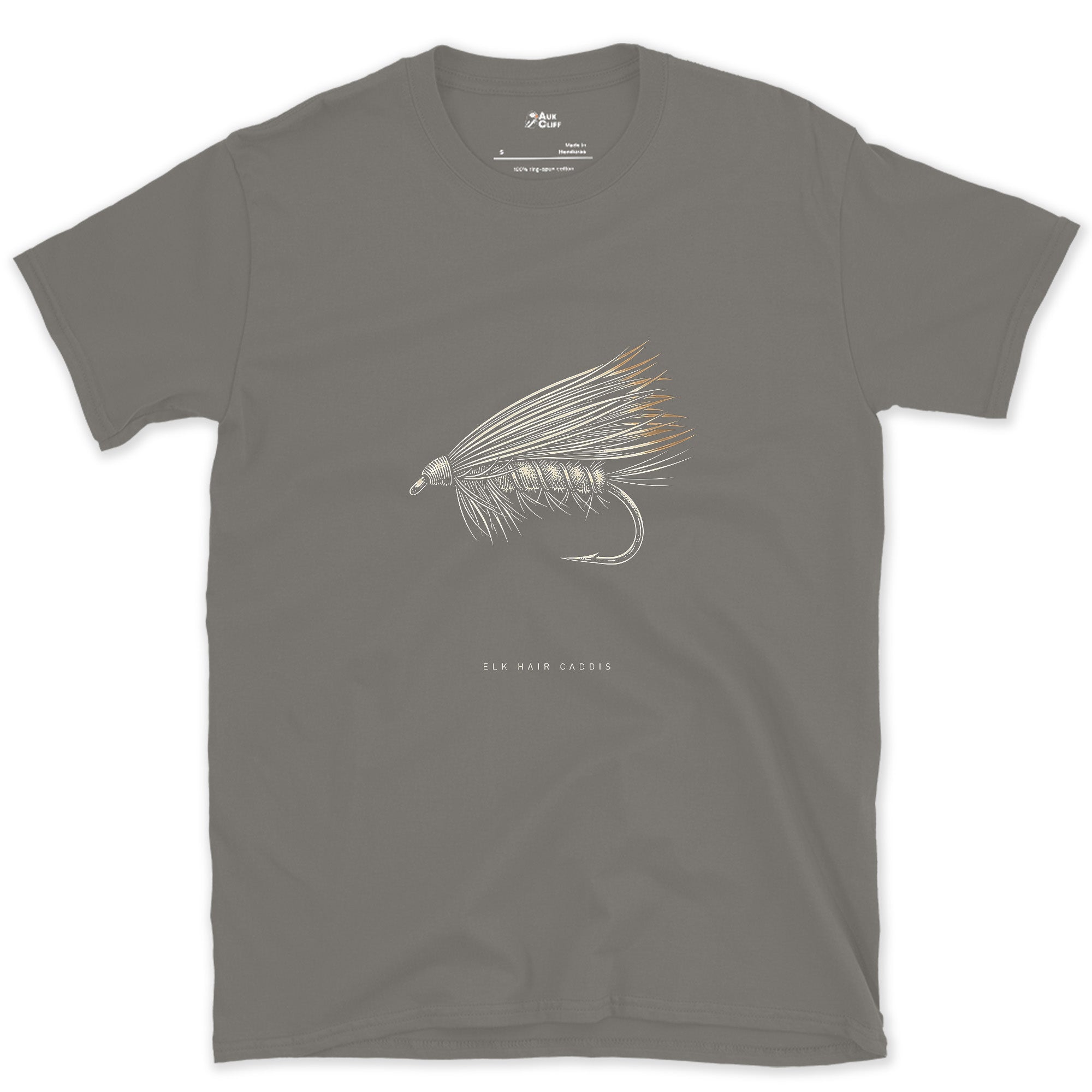 Keeps It Floating, Elk Hair Caddis design on a Charcoal Gildan Softstyle t-shirt