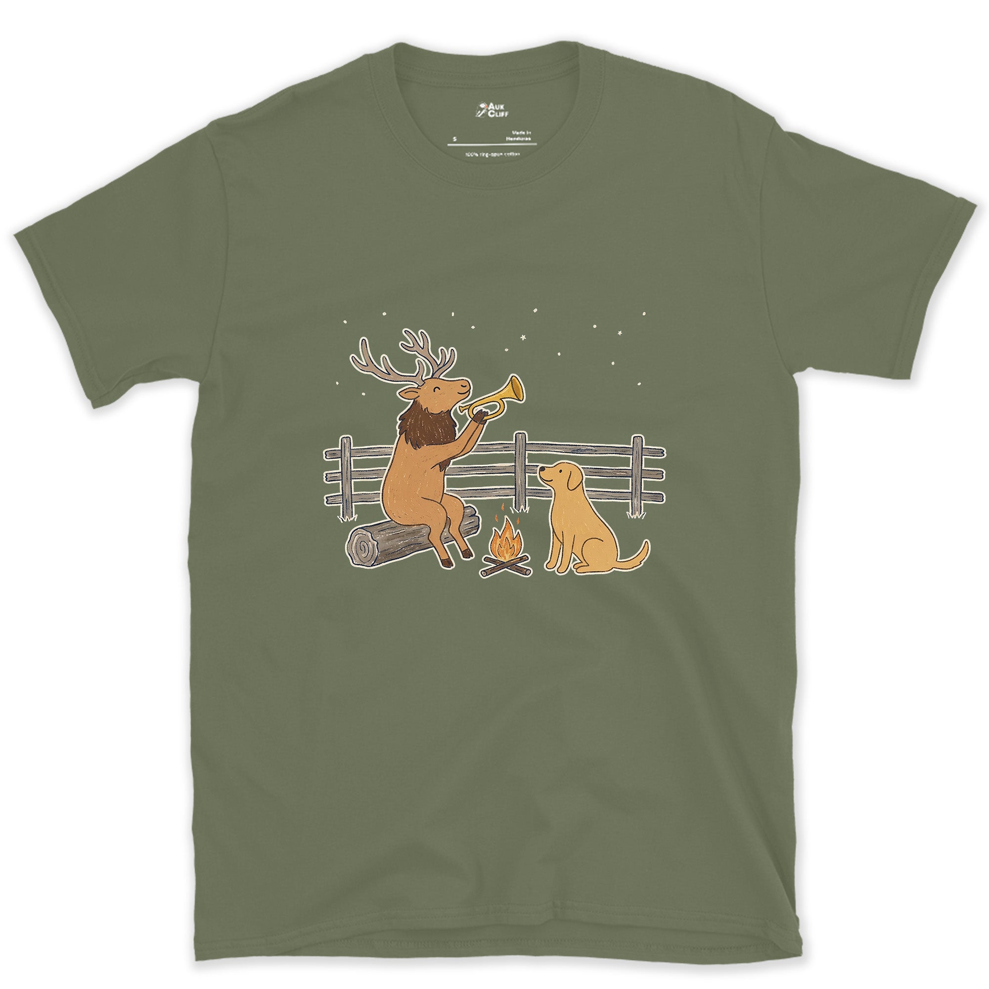 Bugling for Real This Time, Elk design on a Military Green Gildan Softstyle t-shirt