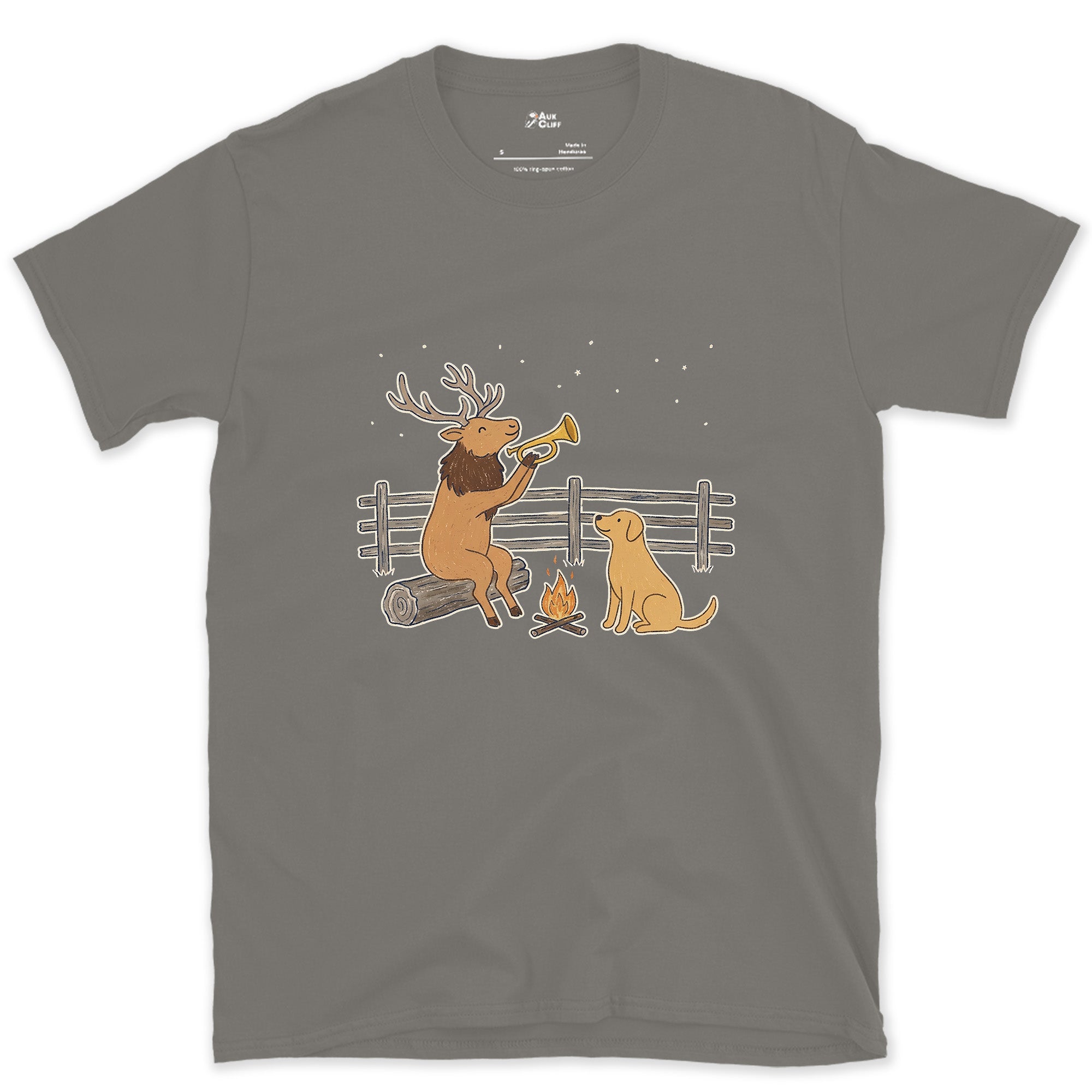 Bugling for Real This Time, Elk design on a Charcoal Gildan Softstyle t-shirt