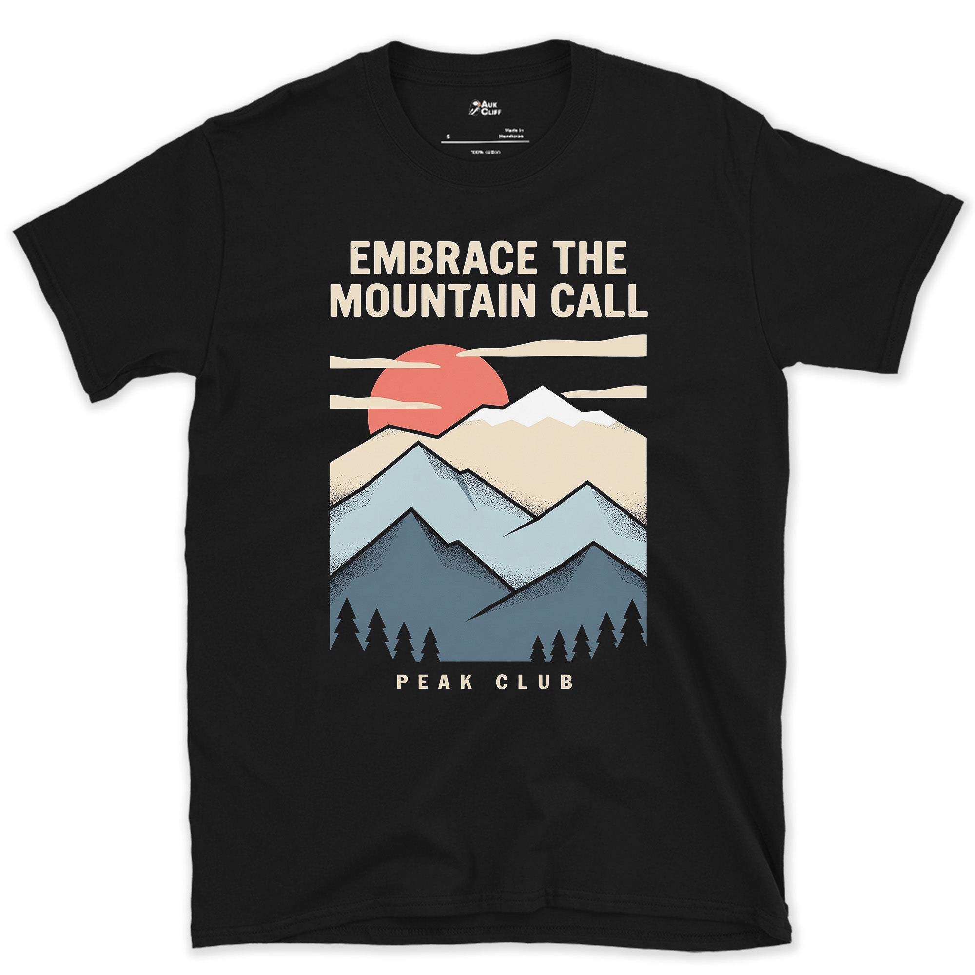 Embrace the Mountain Call, Retro Ridgeline design on a Black Gildan Softstyle t-shirt