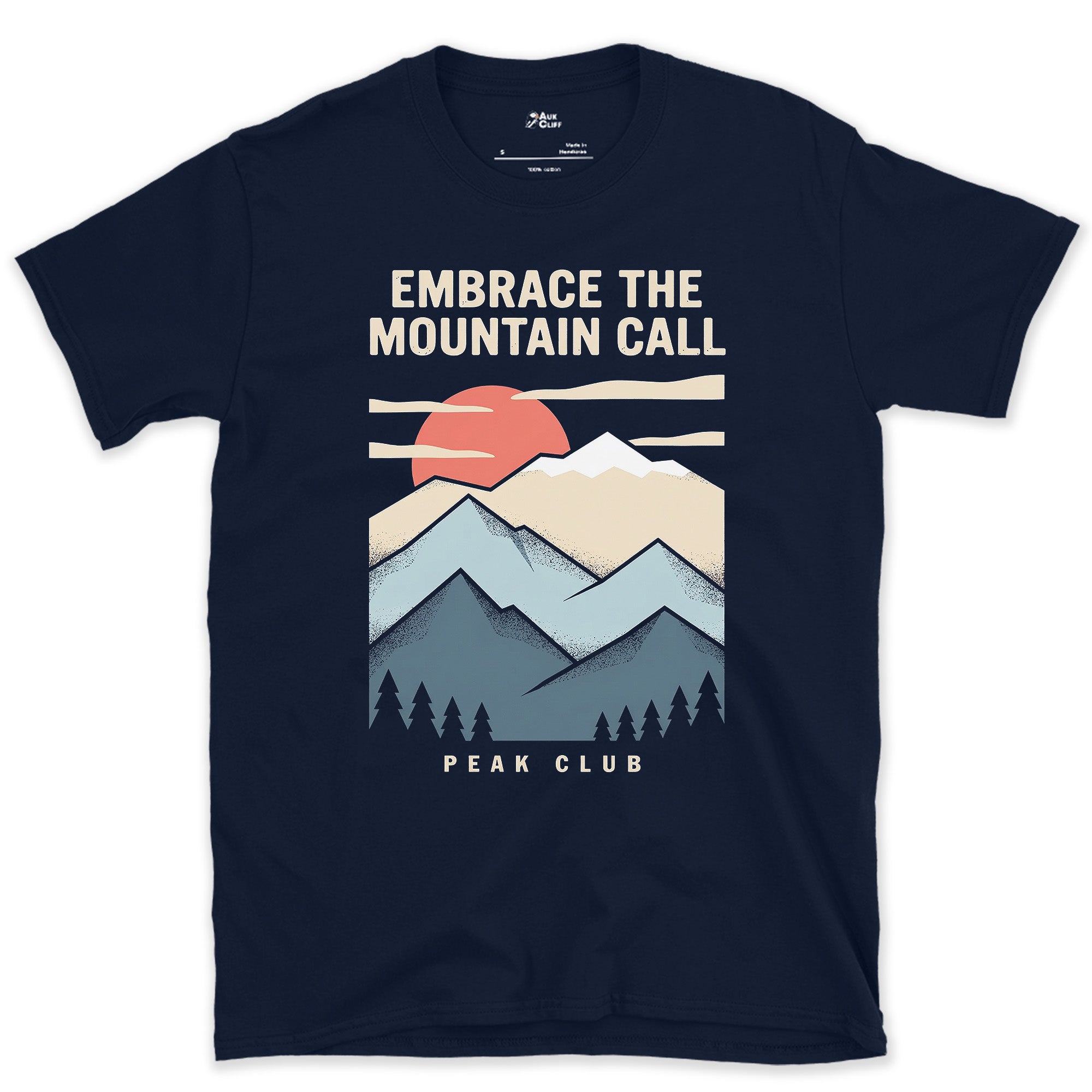 Embrace the Mountain Call, Retro Ridgeline design on a Navy Gildan Softstyle t-shirt