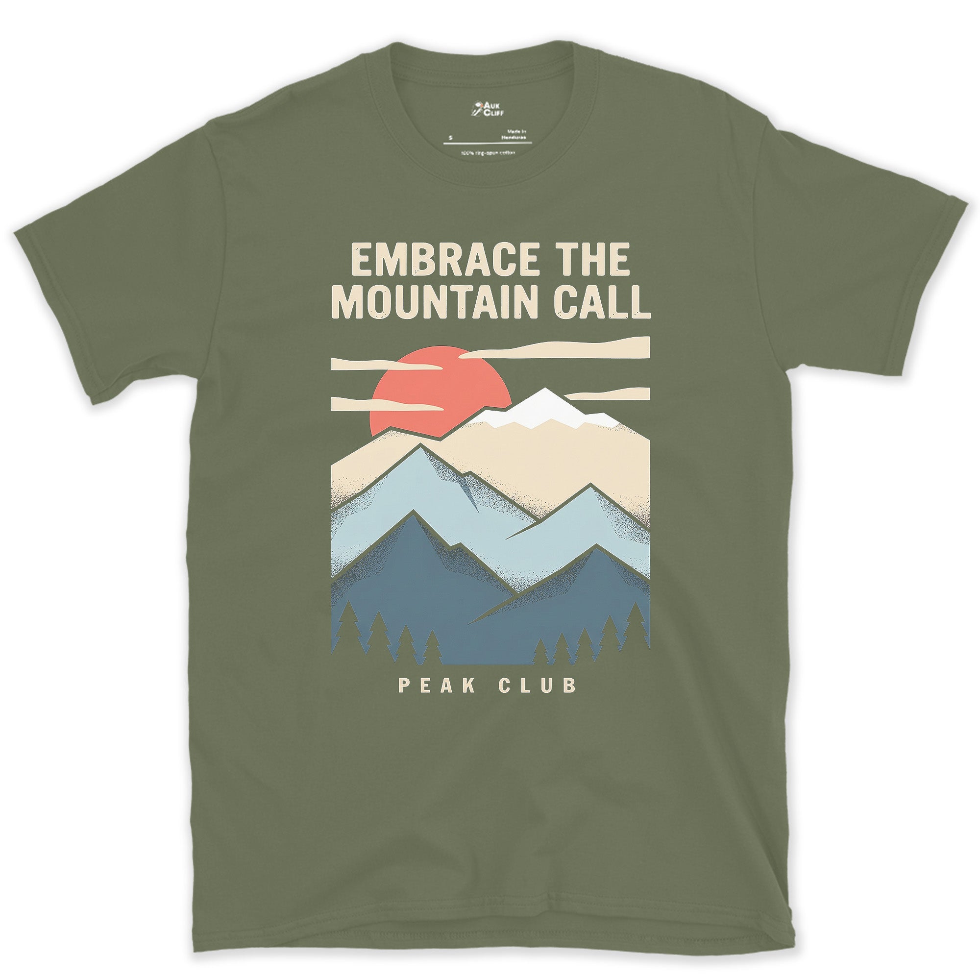 Embrace the Mountain Call, Retro Ridgeline design on a Military Green Gildan Softstyle t-shirt