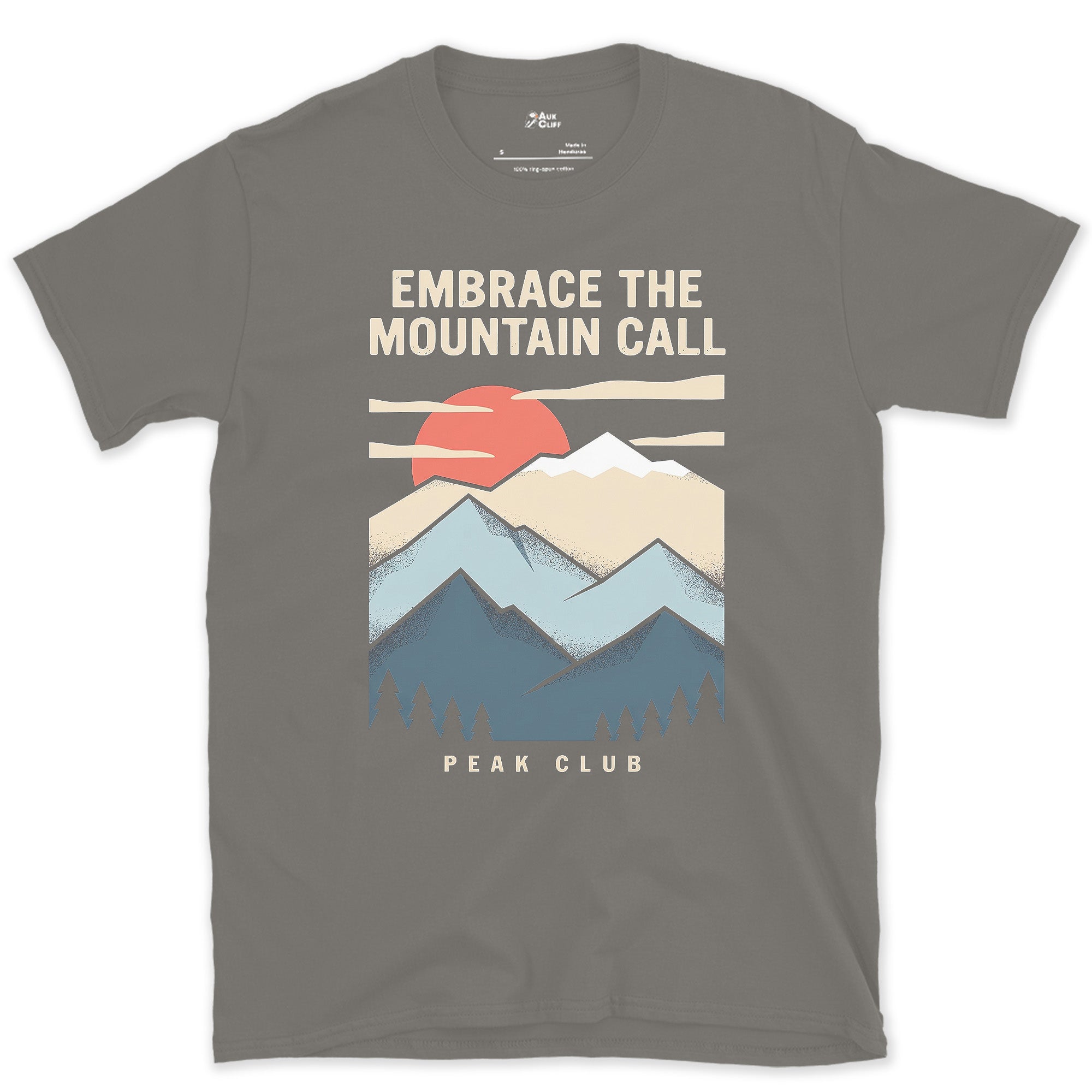 Embrace the Mountain Call, Retro Ridgeline design on a Charcoal Gildan Softstyle t-shirt