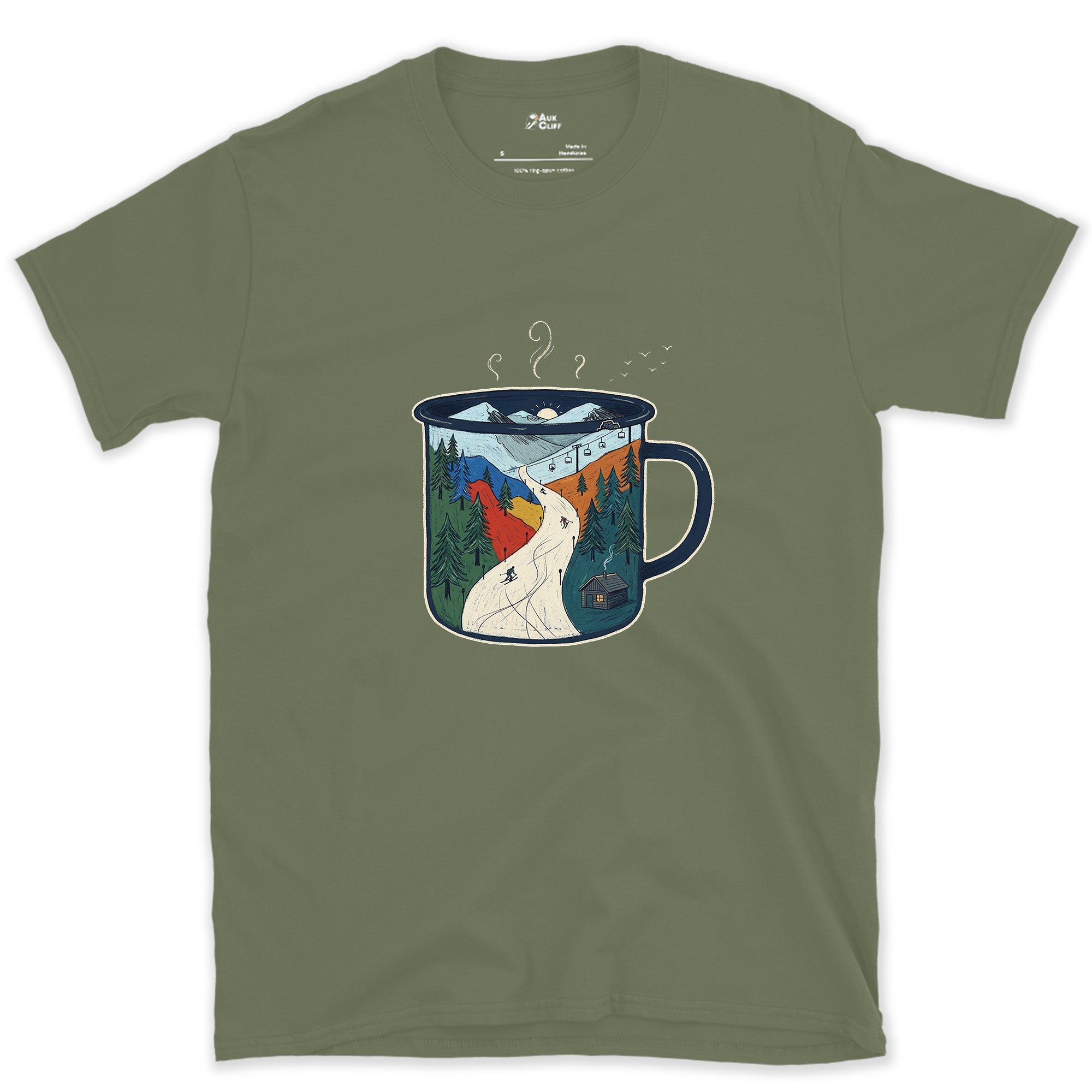 The Whole Campsite, Poured Into the Mug design on a Military Green Gildan Softstyle t-shirt