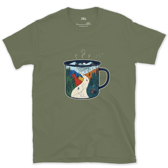 The Whole Campsite, Poured Into the Mug design on a Military Green Gildan Softstyle t-shirt