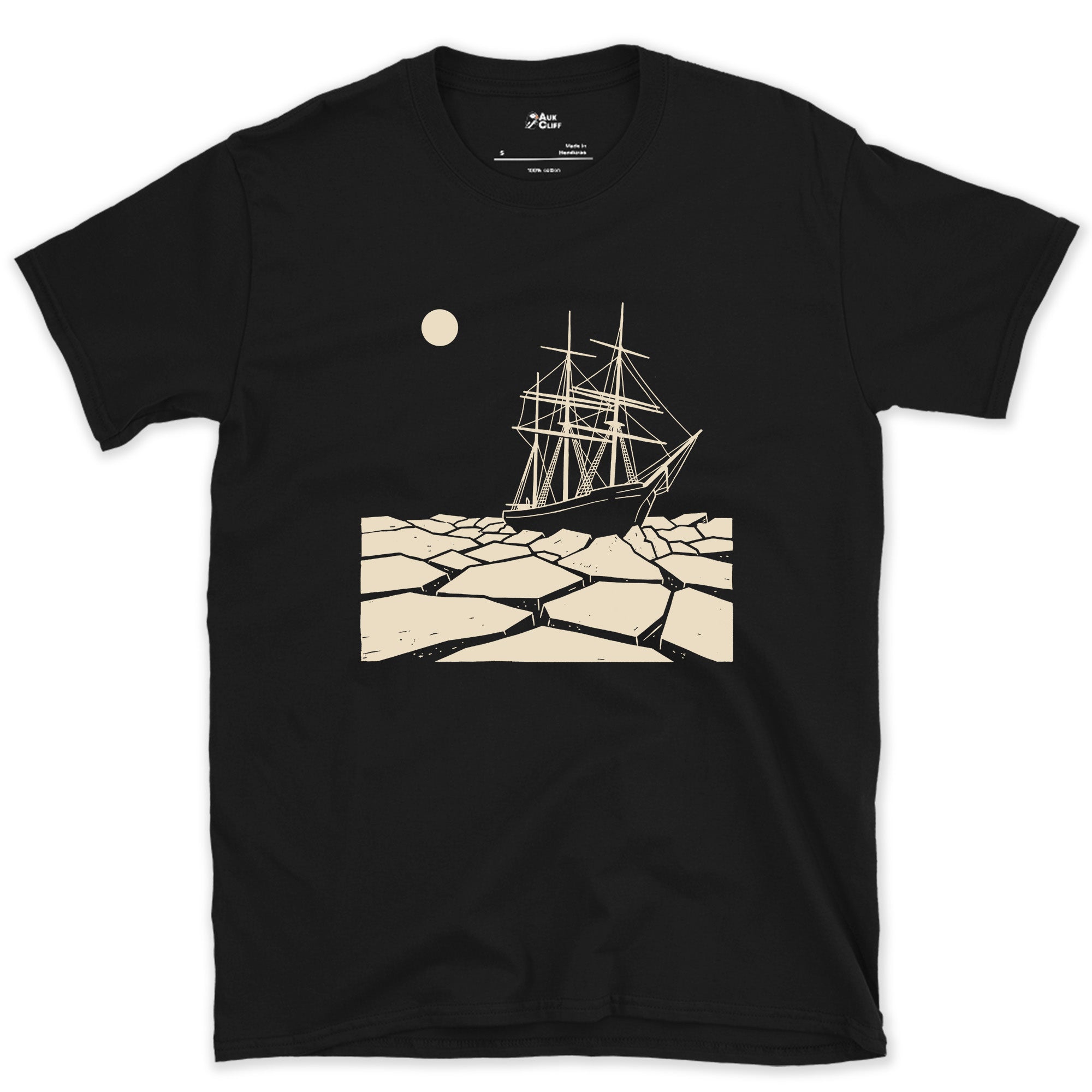 Endurance Locked in a Field of Pack Ice design on a Black Gildan Softstyle t-shirt