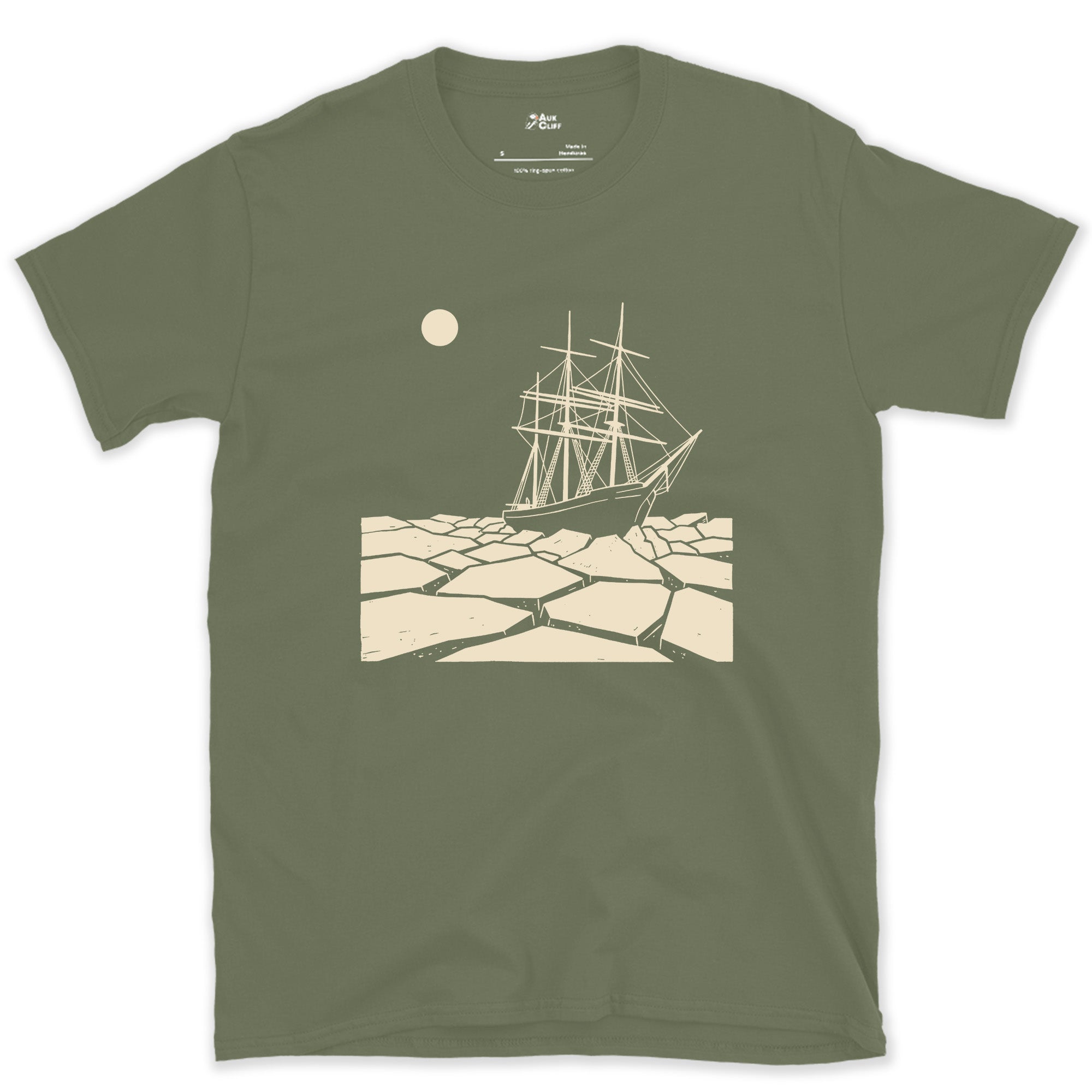 Endurance Locked in a Field of Pack Ice design on a Military Green Gildan Softstyle t-shirt