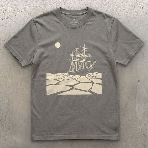 Endurance Locked in a Field of Pack Ice design on a Charcoal Gildan Softstyle t-shirt