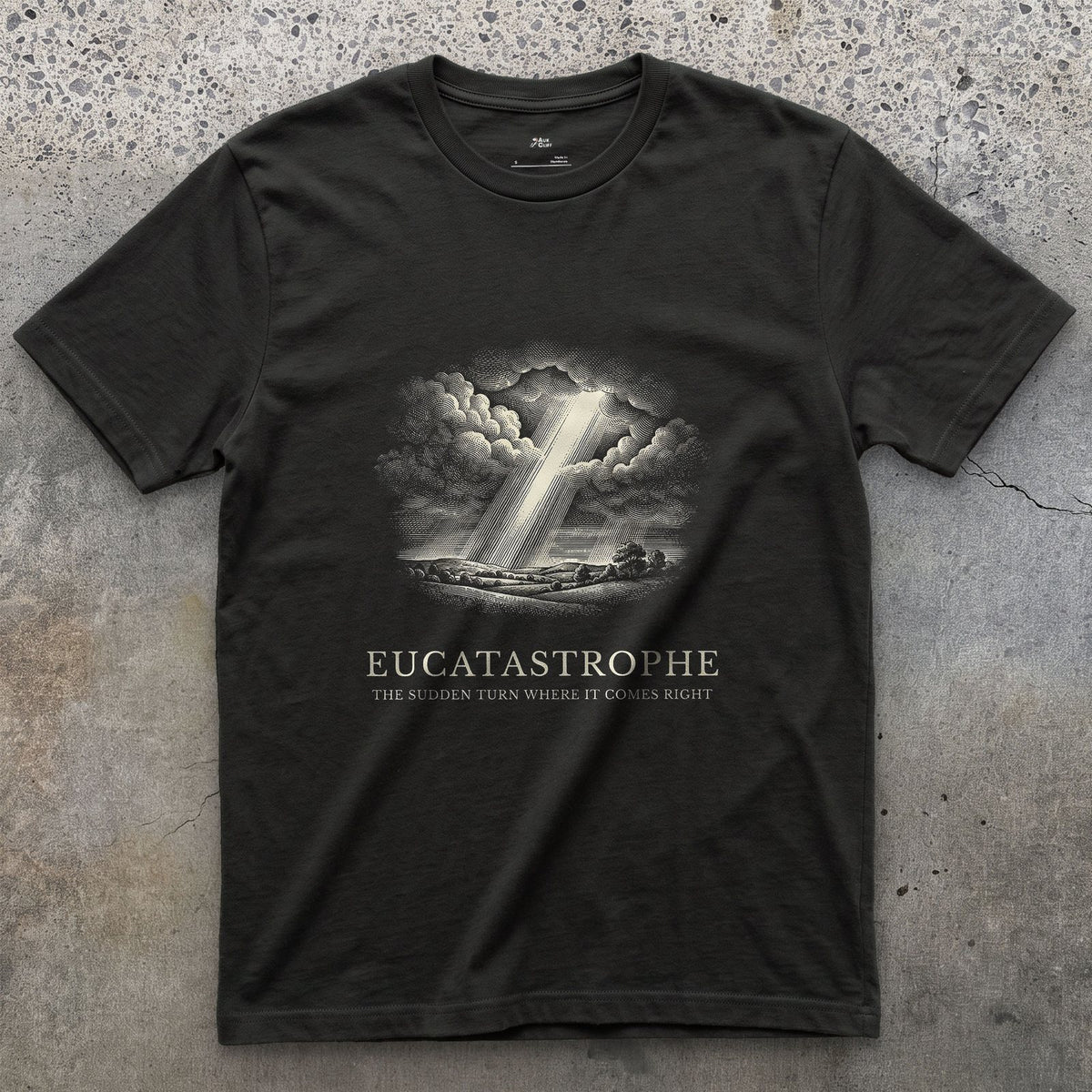 Eucatastrophe, the Sudden Turn Where it Comes Right design on a Black Gildan Softstyle t-shirt