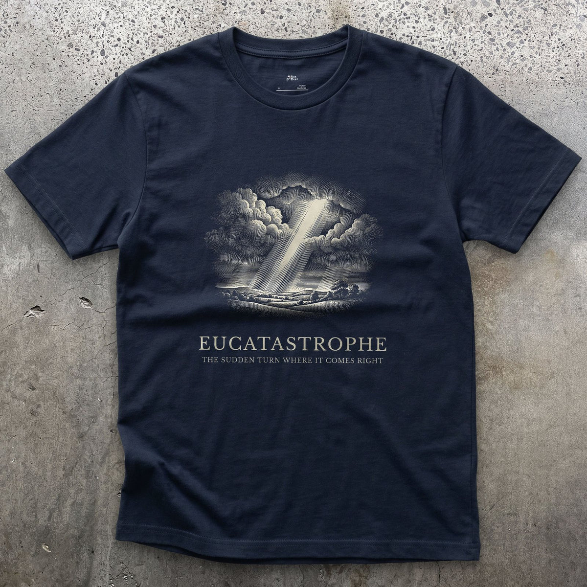 Eucatastrophe, the Sudden Turn Where it Comes Right design on a Navy Gildan Softstyle t-shirt