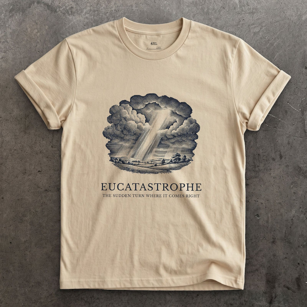 Eucatastrophe, the Sudden Turn Where it Comes Right design on a Sand Gildan Softstyle t-shirt