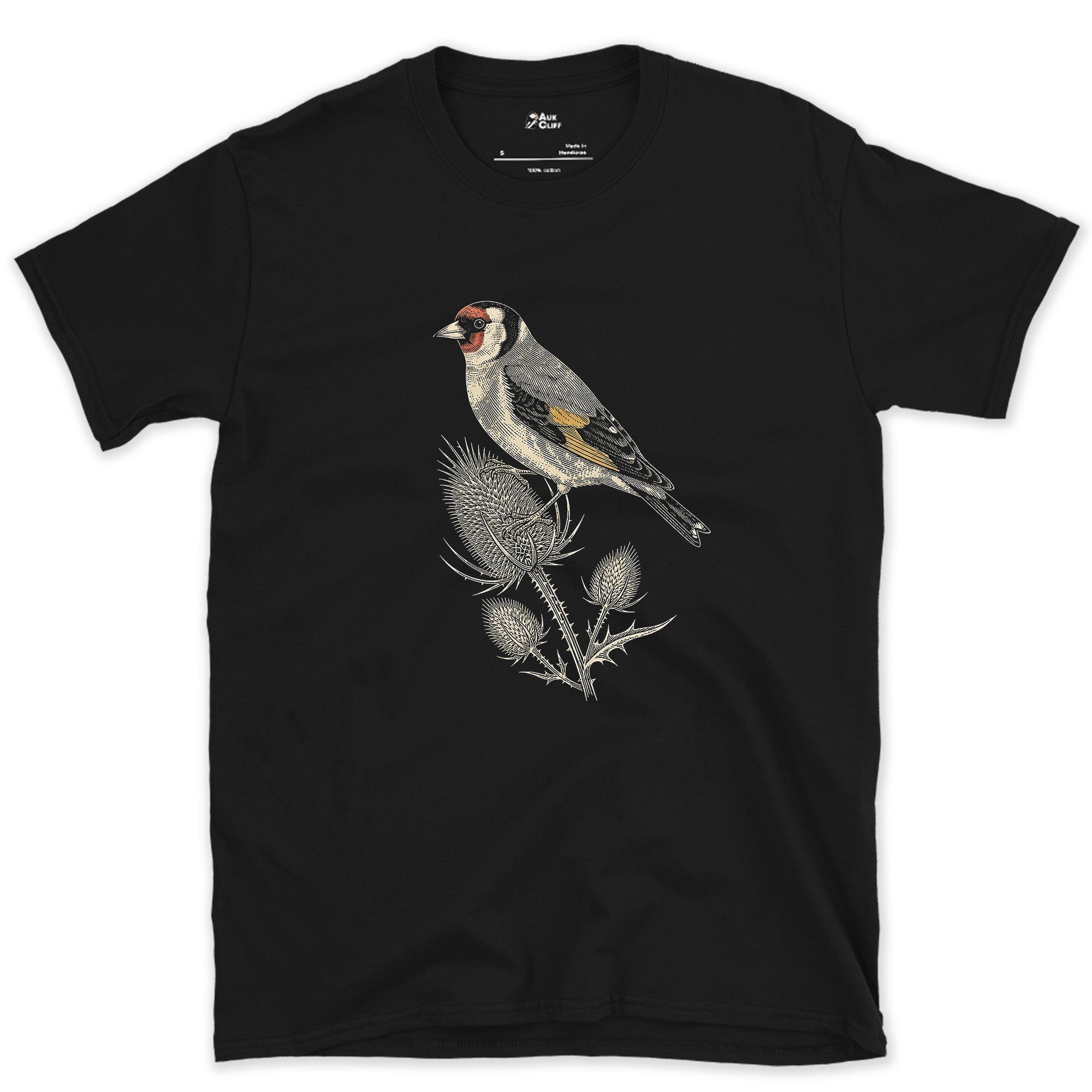 Goldfinch on a Teasel, Now in Full Colour design on a Black Gildan Softstyle t-shirt
