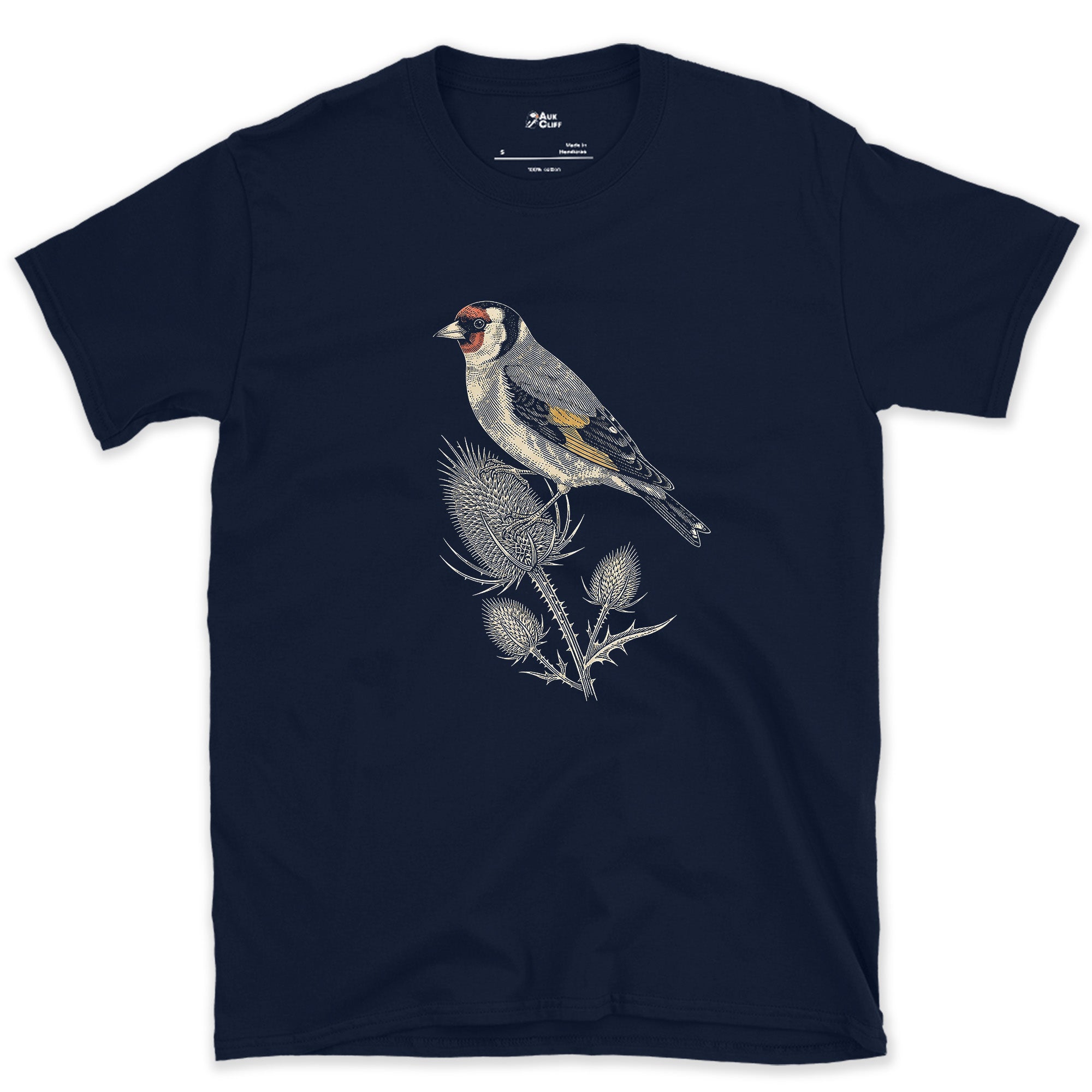 Goldfinch on a Teasel, Now in Full Colour design on a Navy Gildan Softstyle t-shirt