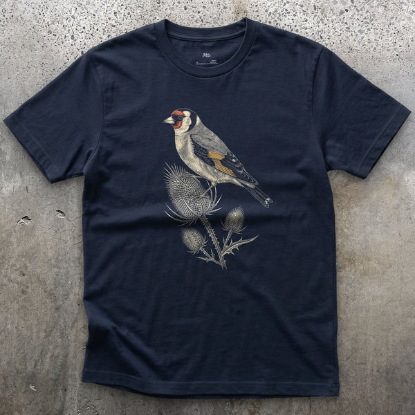Goldfinch on a Teasel, Now in Full Colour design on a Navy Gildan Softstyle t-shirt