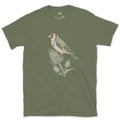Goldfinch on a Teasel, Now in Full Colour design on a Military Green Gildan Softstyle t-shirt