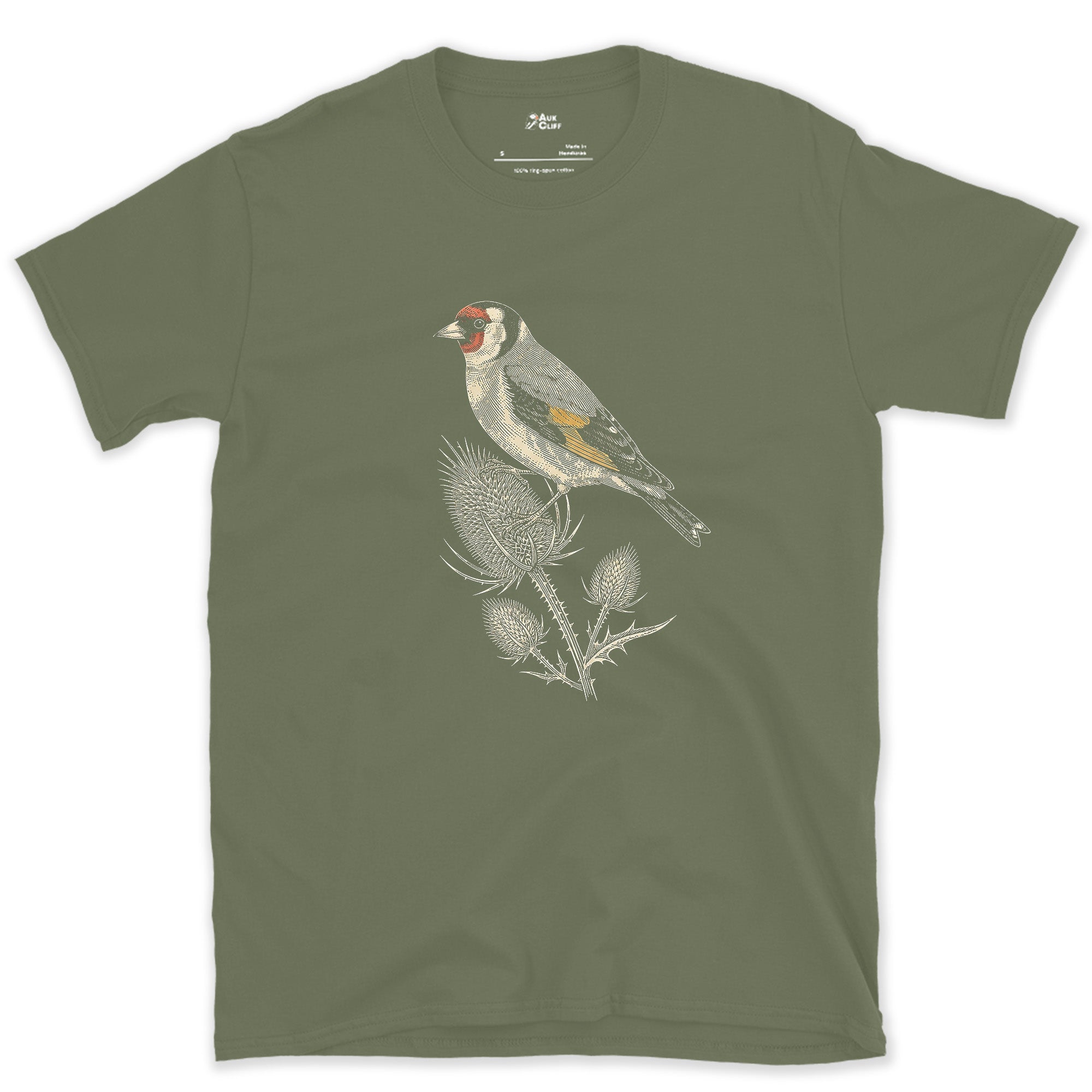 Goldfinch on a Teasel, Now in Full Colour design on a Military Green Gildan Softstyle t-shirt