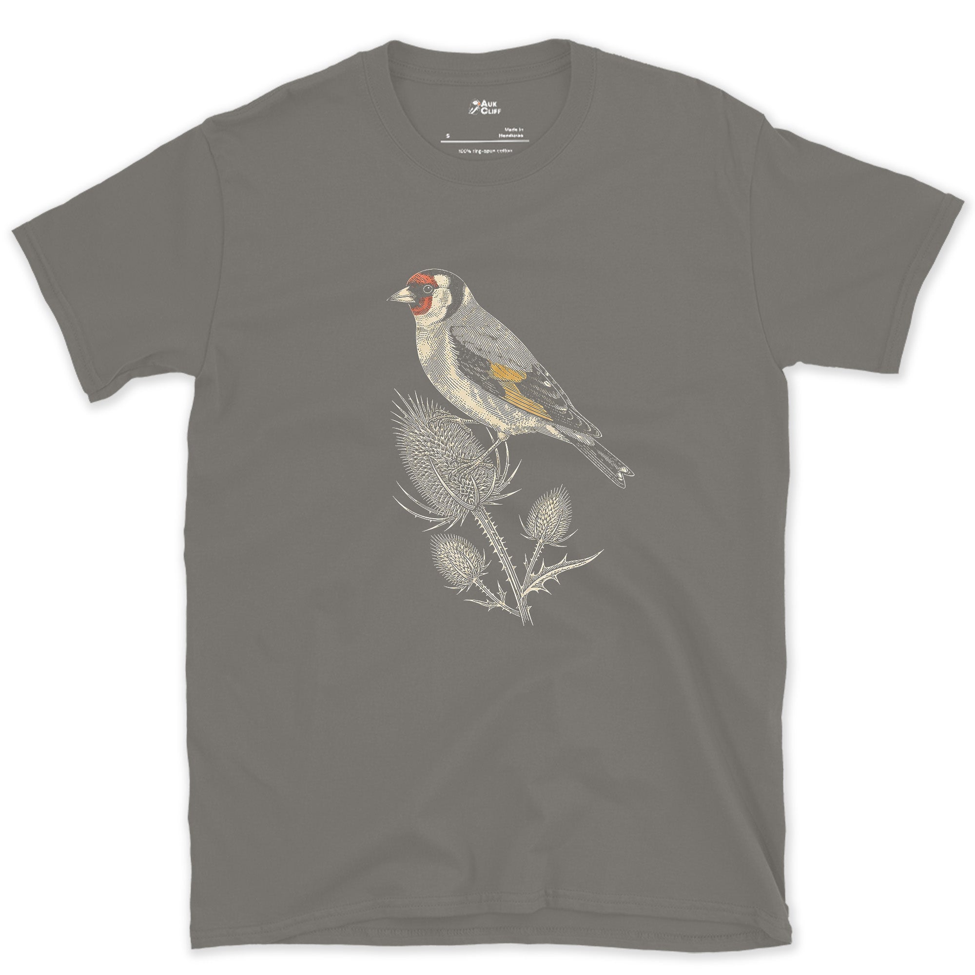 Goldfinch on a Teasel, Now in Full Colour design on a Charcoal Gildan Softstyle t-shirt