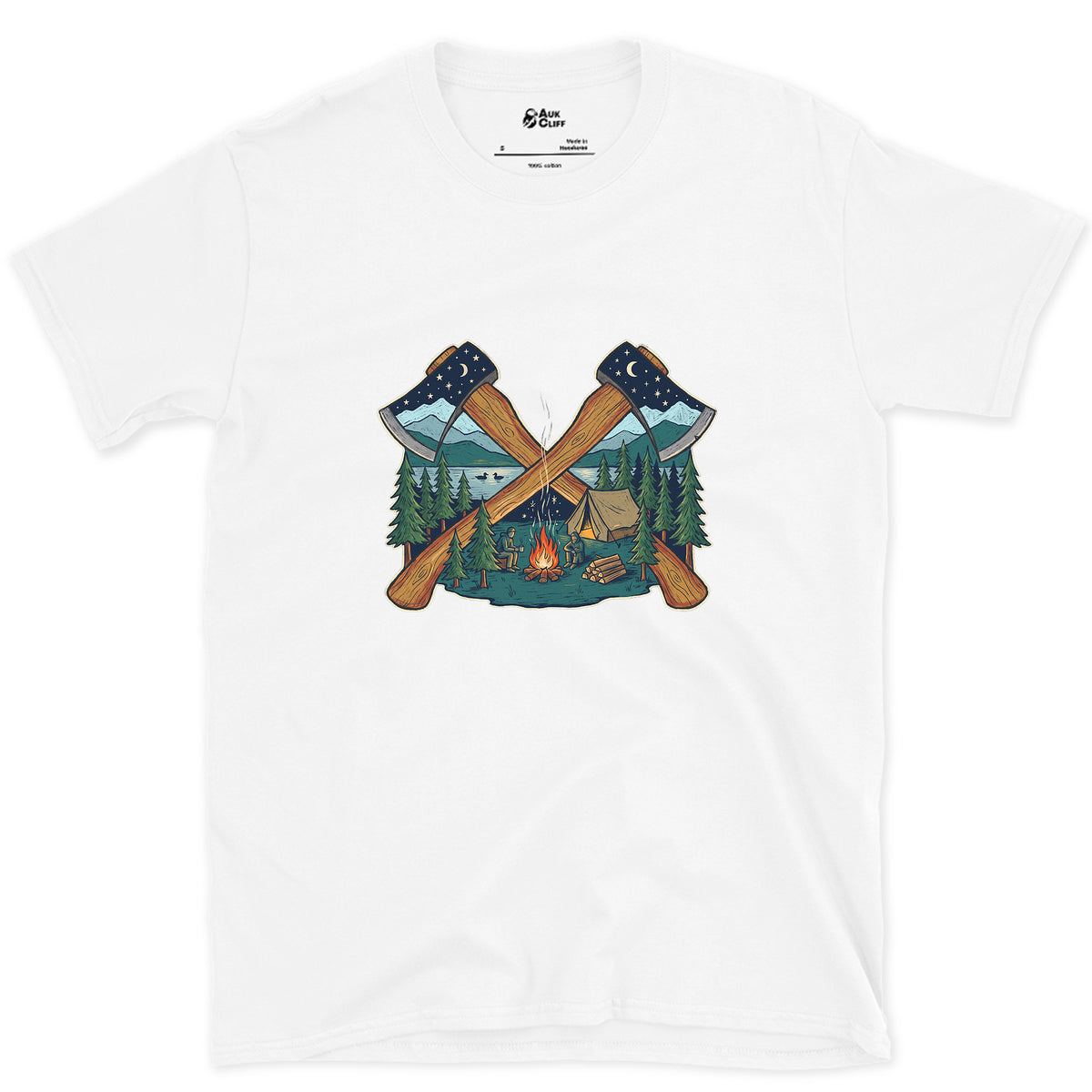 Evening Camp Between Two Axes design on a White Gildan Softstyle t-shirt