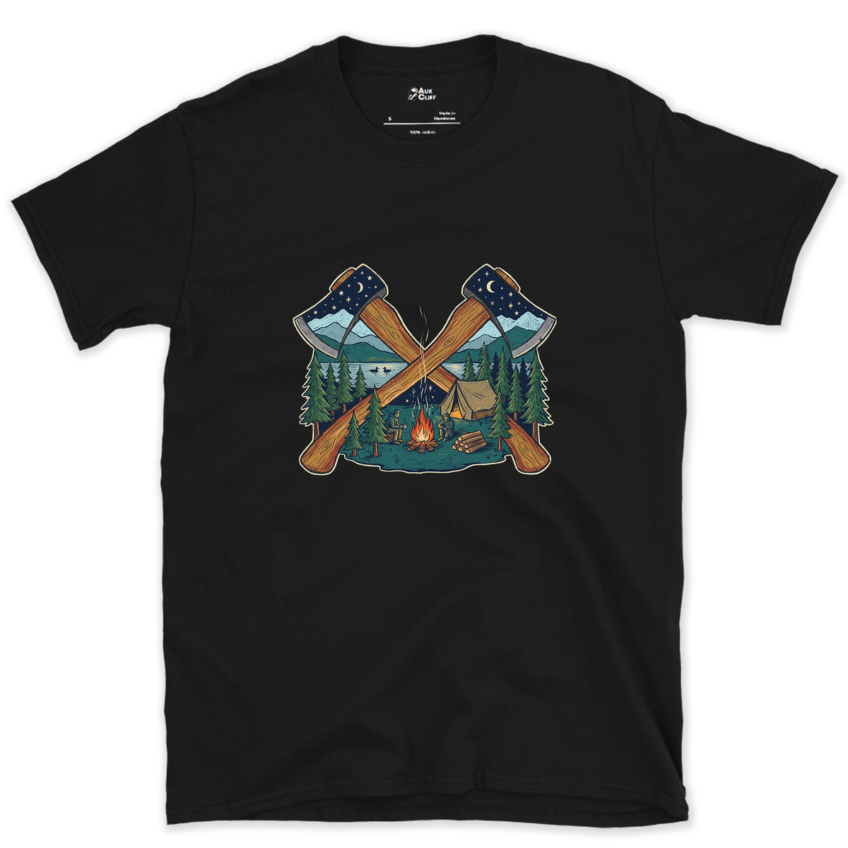 Evening Camp Between Two Axes design on a Black Gildan Softstyle t-shirt