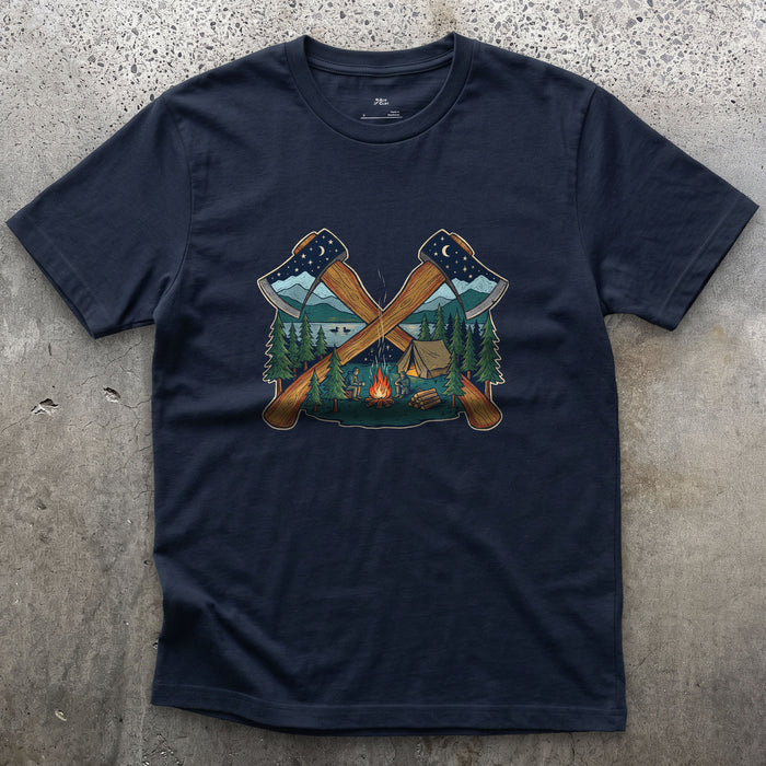 Evening Camp Between Two Axes design on a Navy Gildan Softstyle t-shirt