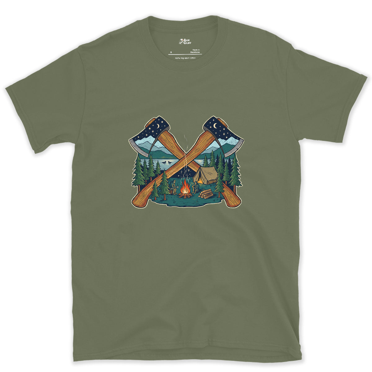 Evening Camp Between Two Axes design on a Military Green Gildan Softstyle t-shirt