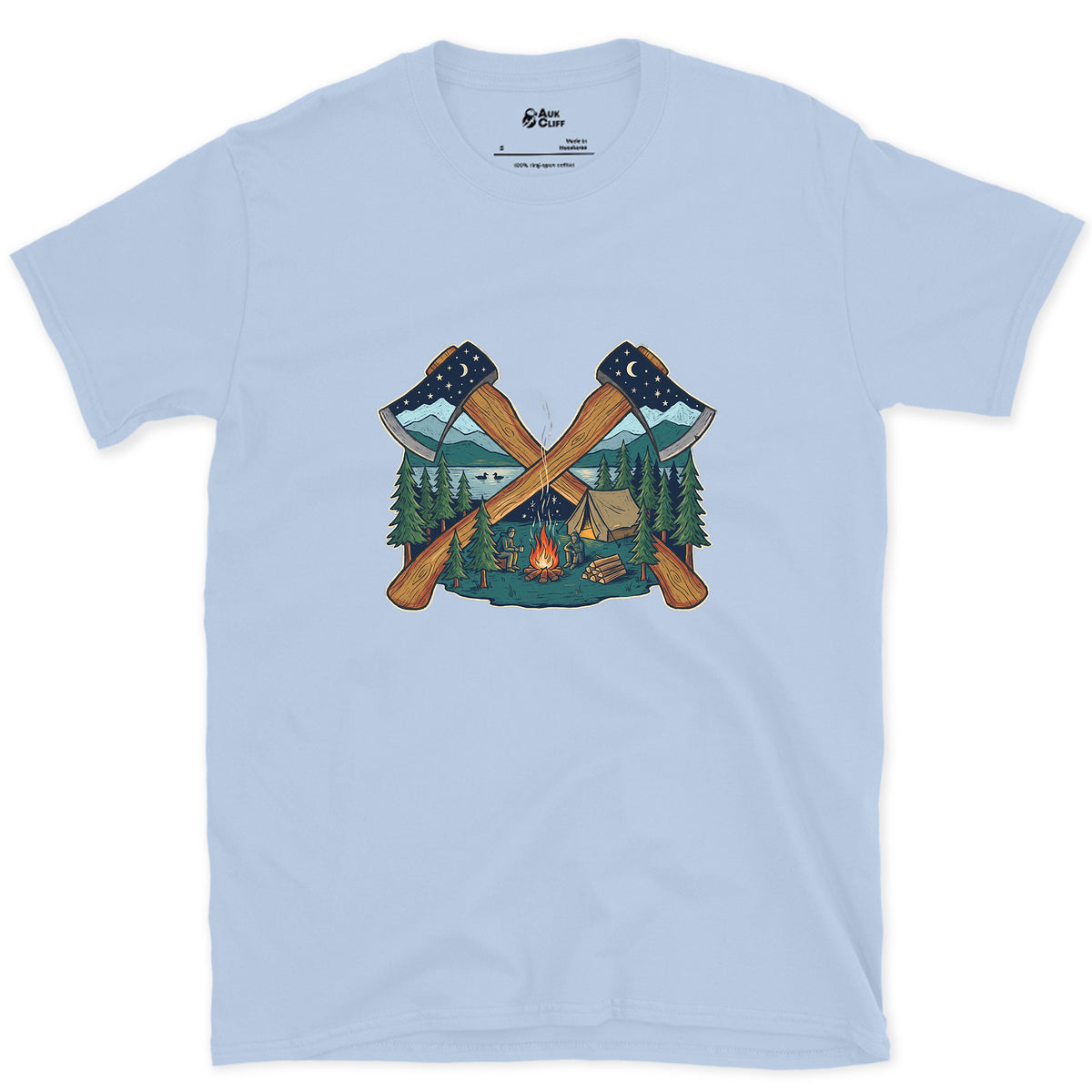 Evening Camp Between Two Axes design on a Light Blue Gildan Softstyle t-shirt
