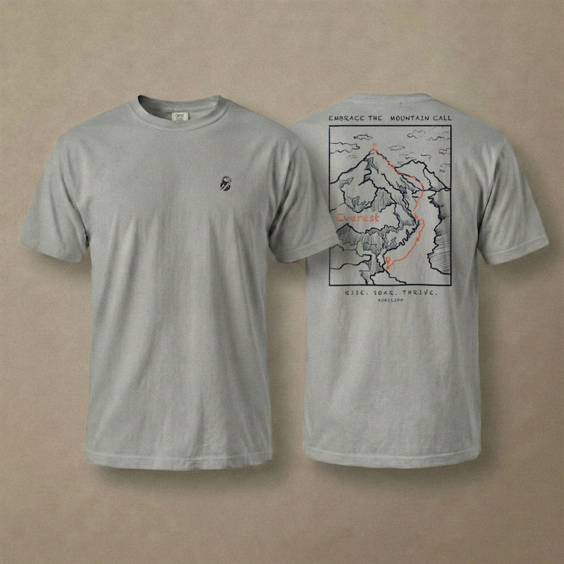 AukCliff Everest tee in Grey, hand-drawn summit-route line art across the back