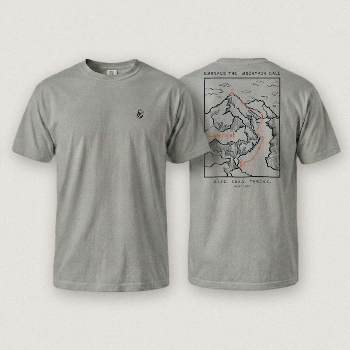 AukCliff Everest tee in Grey, summit-route line art across the back