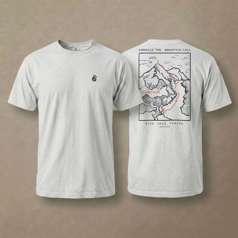 AukCliff Everest tee in White, hand-drawn summit-route line art across the back