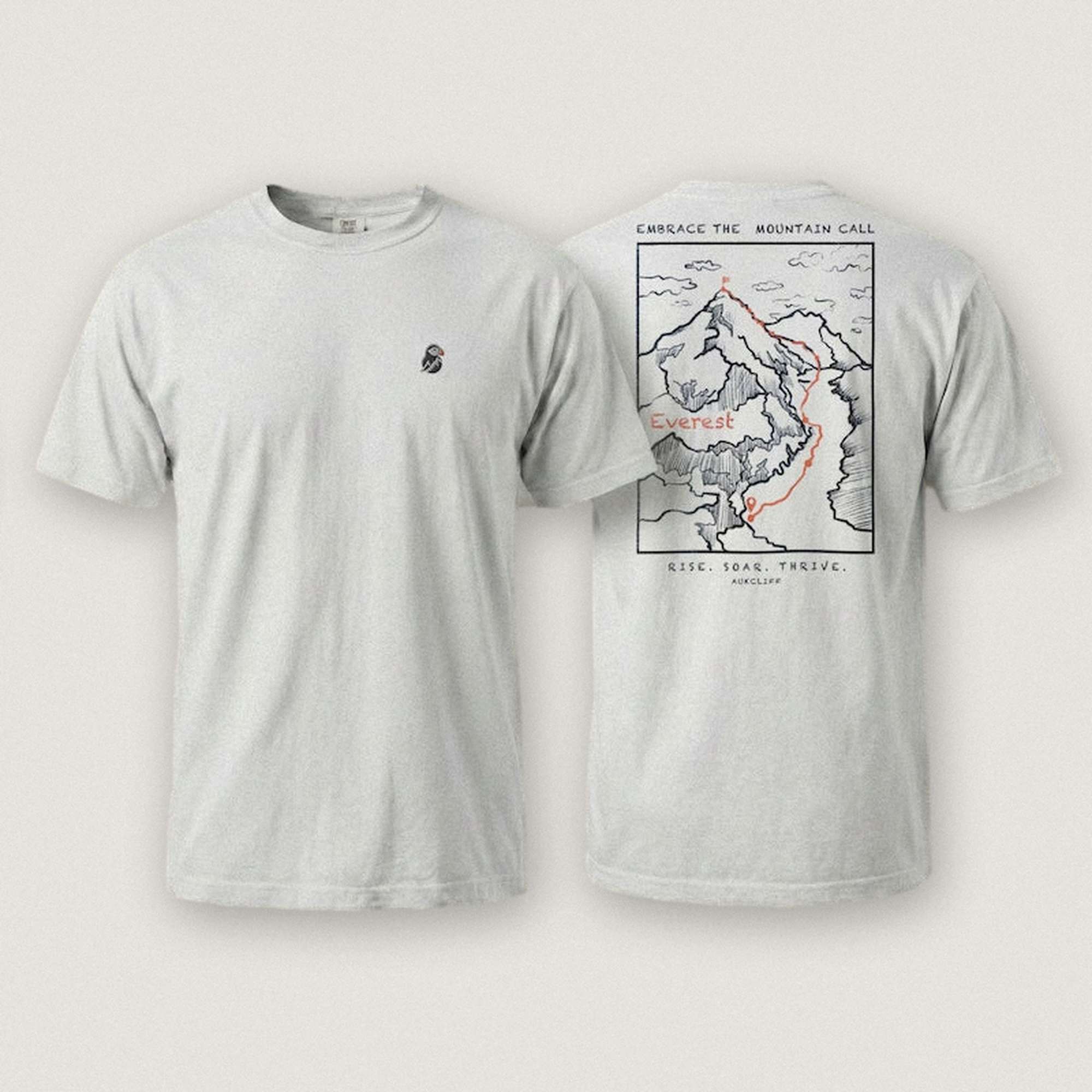 AukCliff Everest tee in White, hand-drawn summit-route line art across the back
