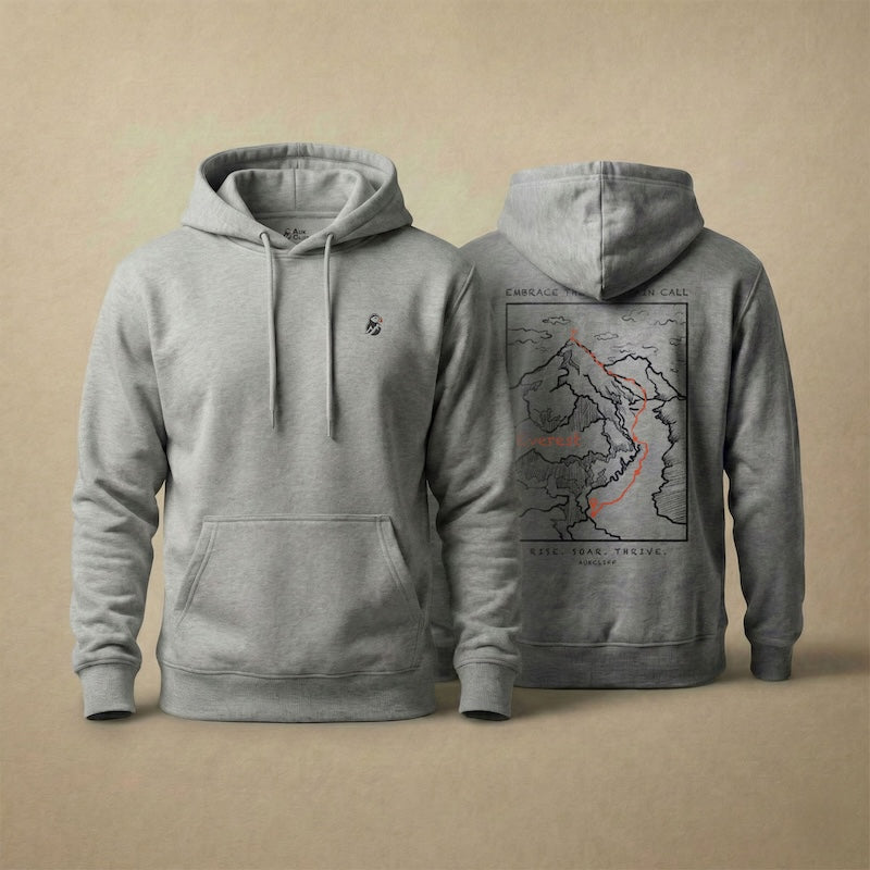 AukCliff Everest hoodie in Carbon Grey, hand-drawn summit-route line art across the back
