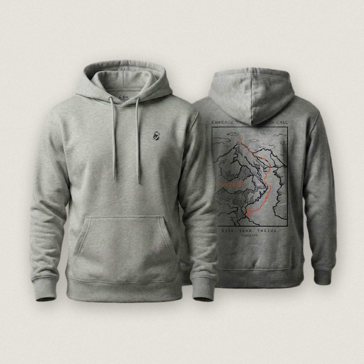 AukCliff Everest hoodie in Carbon Grey, summit-route line art across the back