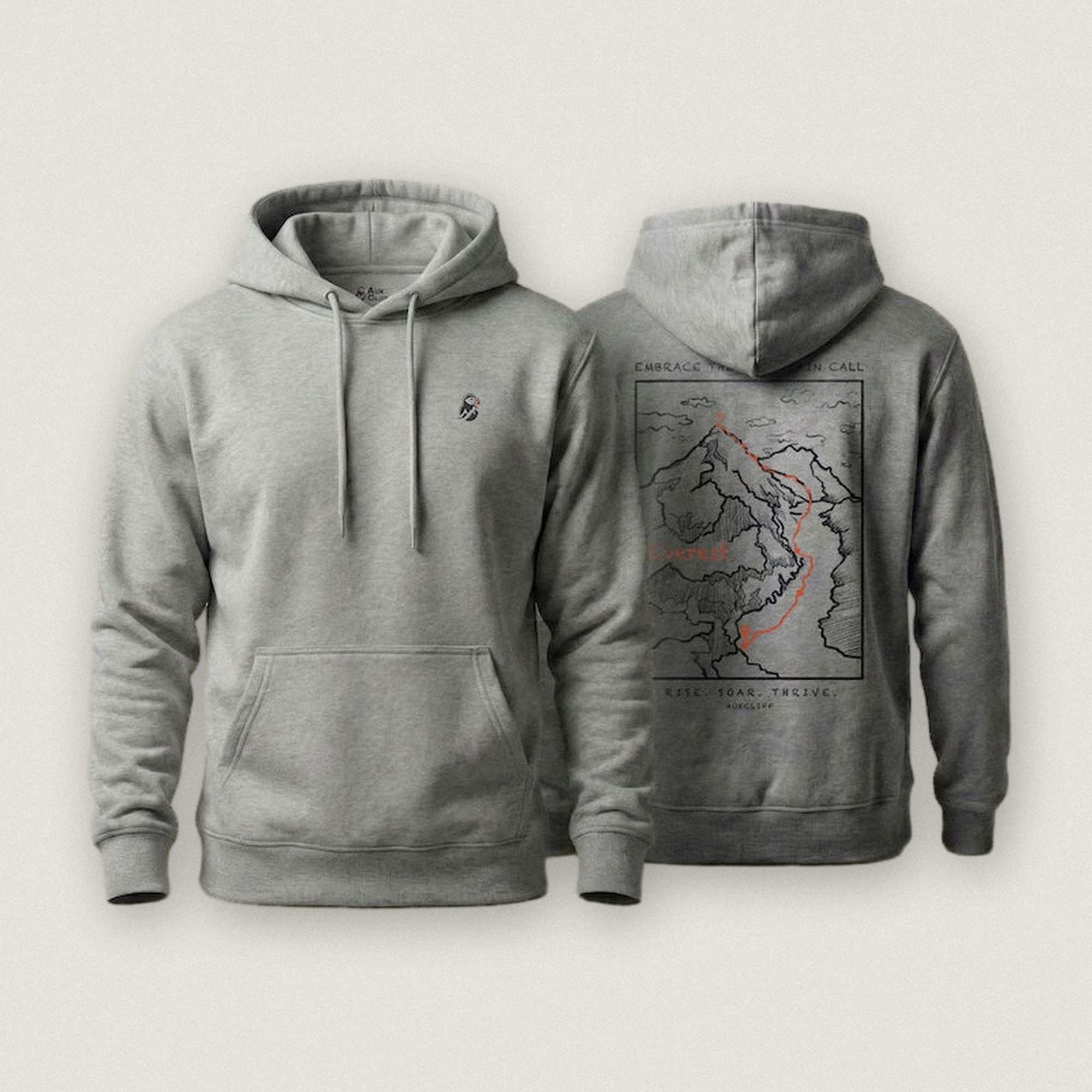 AukCliff Everest hoodie in Carbon Grey, hand-drawn summit-route line art across the back