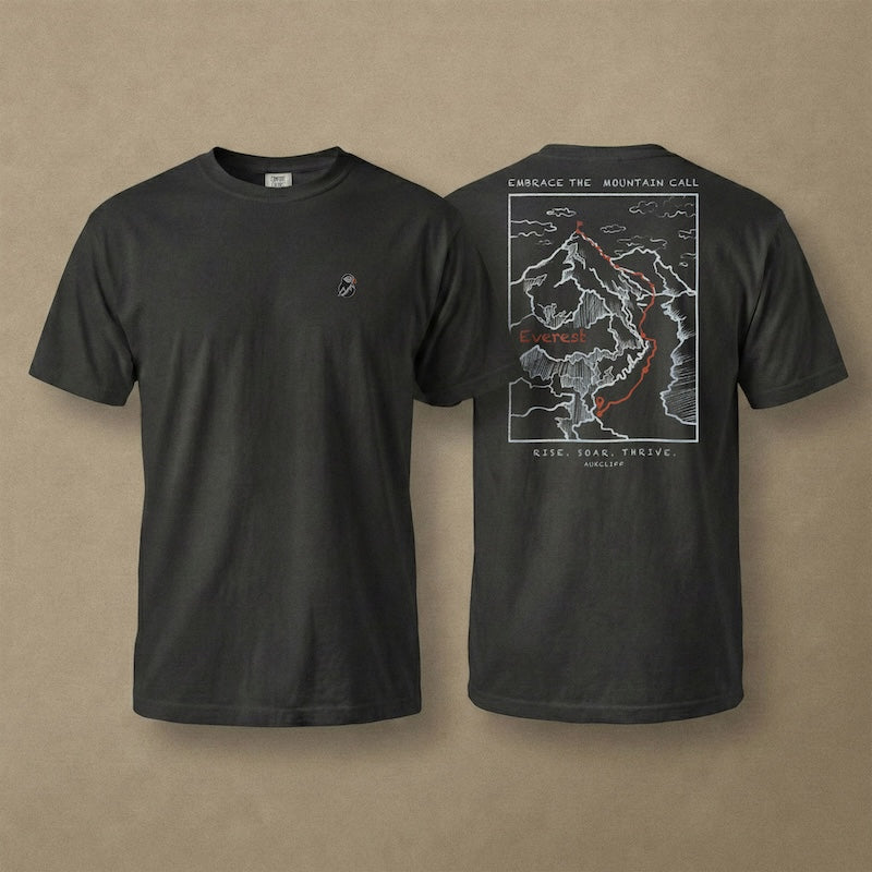 AukCliff Everest tee in Black, hand-drawn summit-route line art across the back