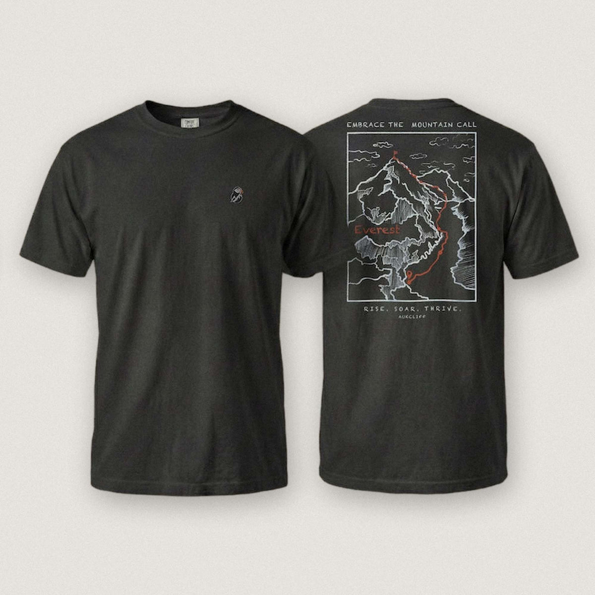 AukCliff Everest tee in Black, summit-route line art across the back