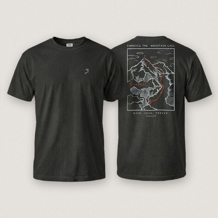 AukCliff Everest tee in Black, summit-route line art across the back
