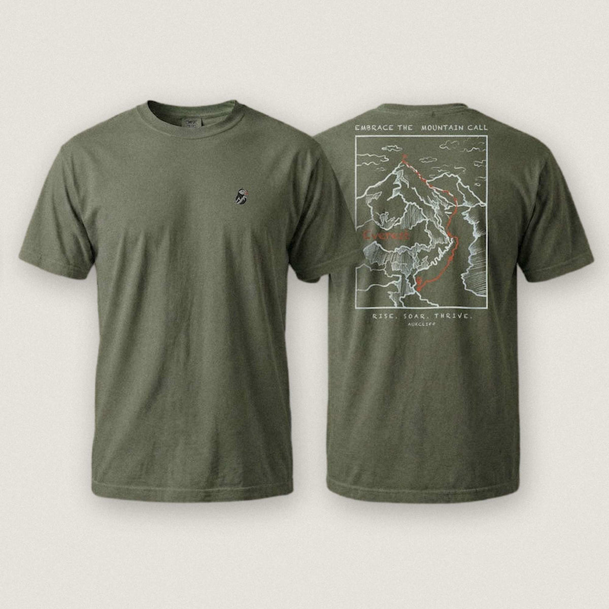AukCliff Everest tee in Blue Jean, summit-route line art across the back