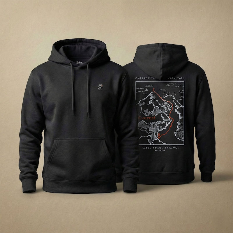 AukCliff Everest hoodie in Black, hand-drawn summit-route line art across the back