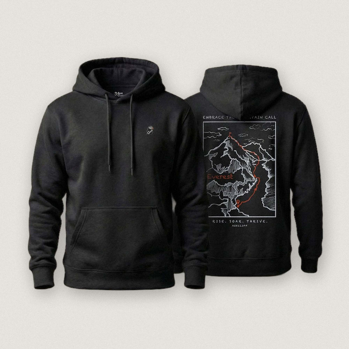 AukCliff Everest hoodie in Black, summit-route line art across the back