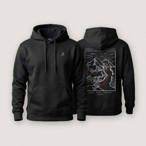 AukCliff Everest hoodie in Black, summit-route line art across the back